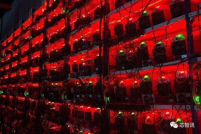 A vast mining farm with rows of hosted mining machines optimizing energy consumption