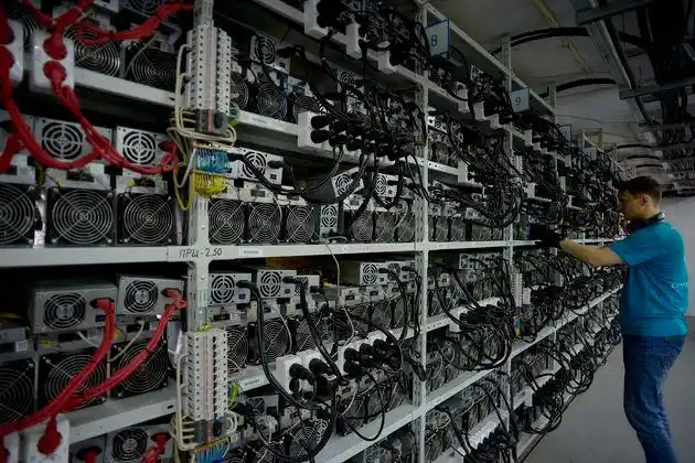 Expansive crypto mining farm with rows of efficient mining rigs humming in tandem