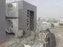 A visual representation of a large-scale Bitcoin mining farm with rows of mining rigs.